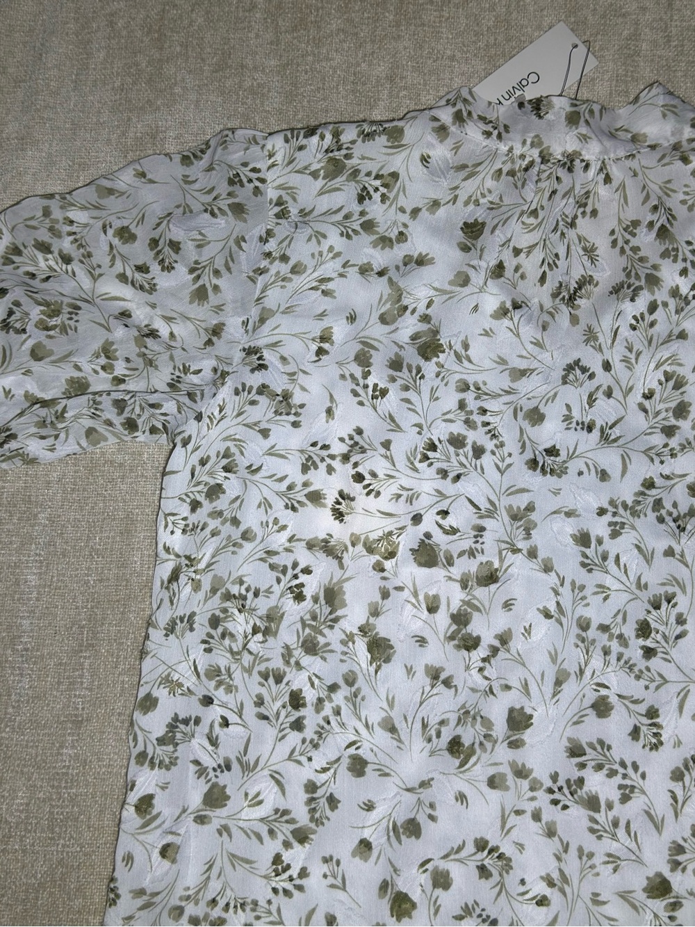 Calvin Klein White Blouse with Olive Floral Print Cottagecore - Picture 14 of 14